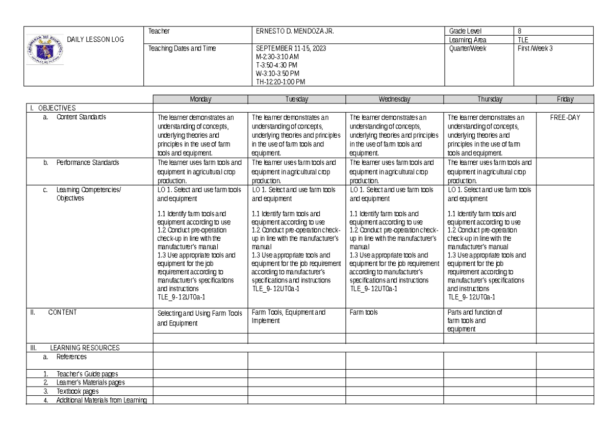 DLL Q1 TLE 8 WEEK 3 lesson plan DAILY LESSON LOG Teacher ERNESTO D