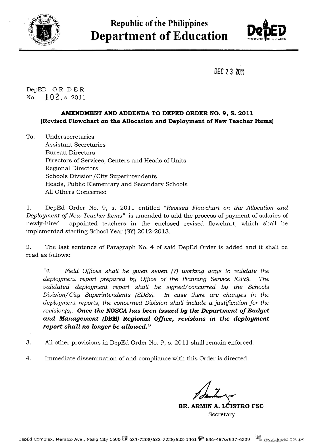 Amendment AND Addenda TO Deped Order NO. 9, S. 2011 ( Revised Flowchart ...