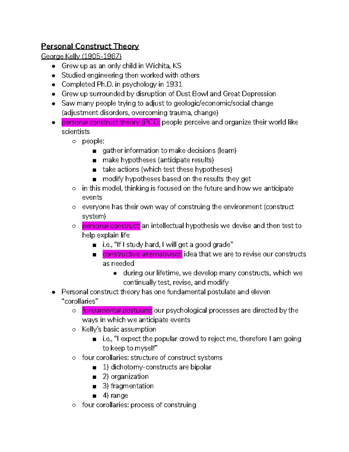 Dynamics of Personality Ch. 15 - Personal Construct Theory George Kelly ...