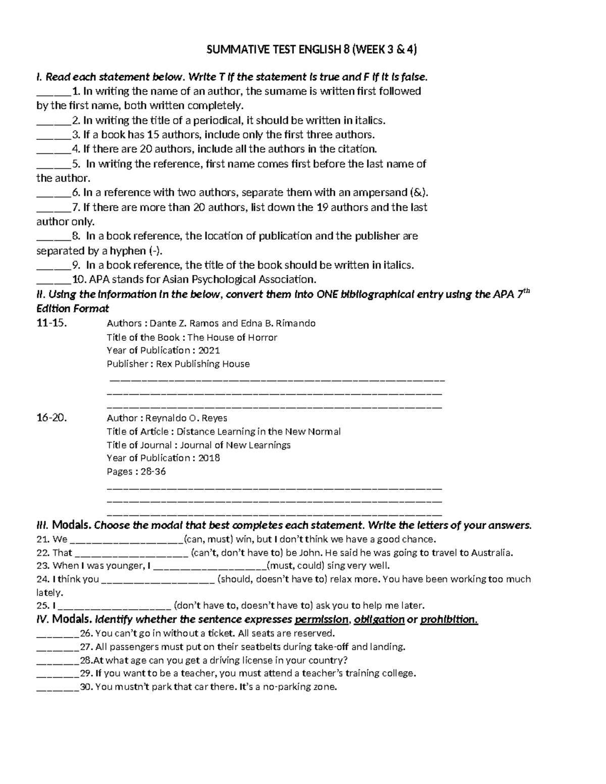 Summative TEST English 8 WEEk 3 4 - SUMMATIVE TEST ENGLISH 8 (WEEK 3 ...