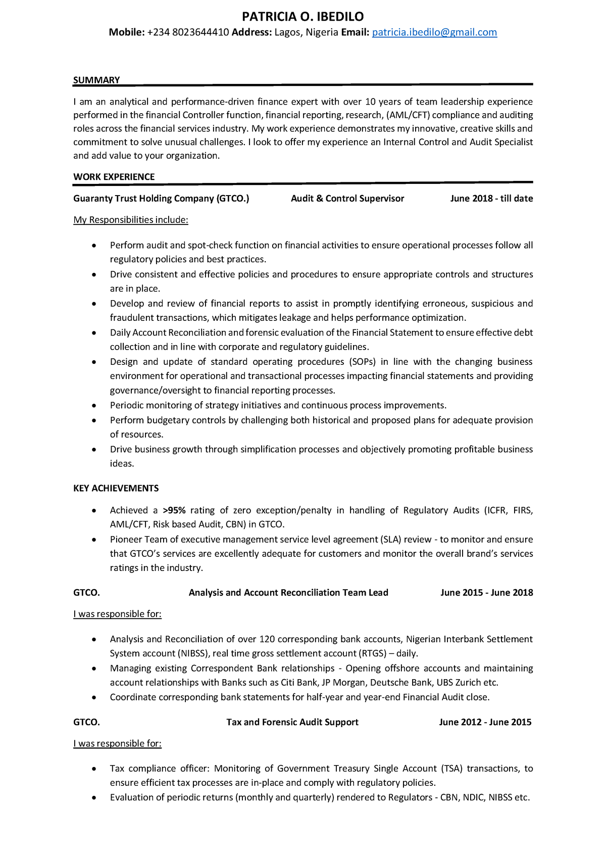 CV template for internal auditor - PATRICIA O. IBEDILO Mobile: +234 80 ...