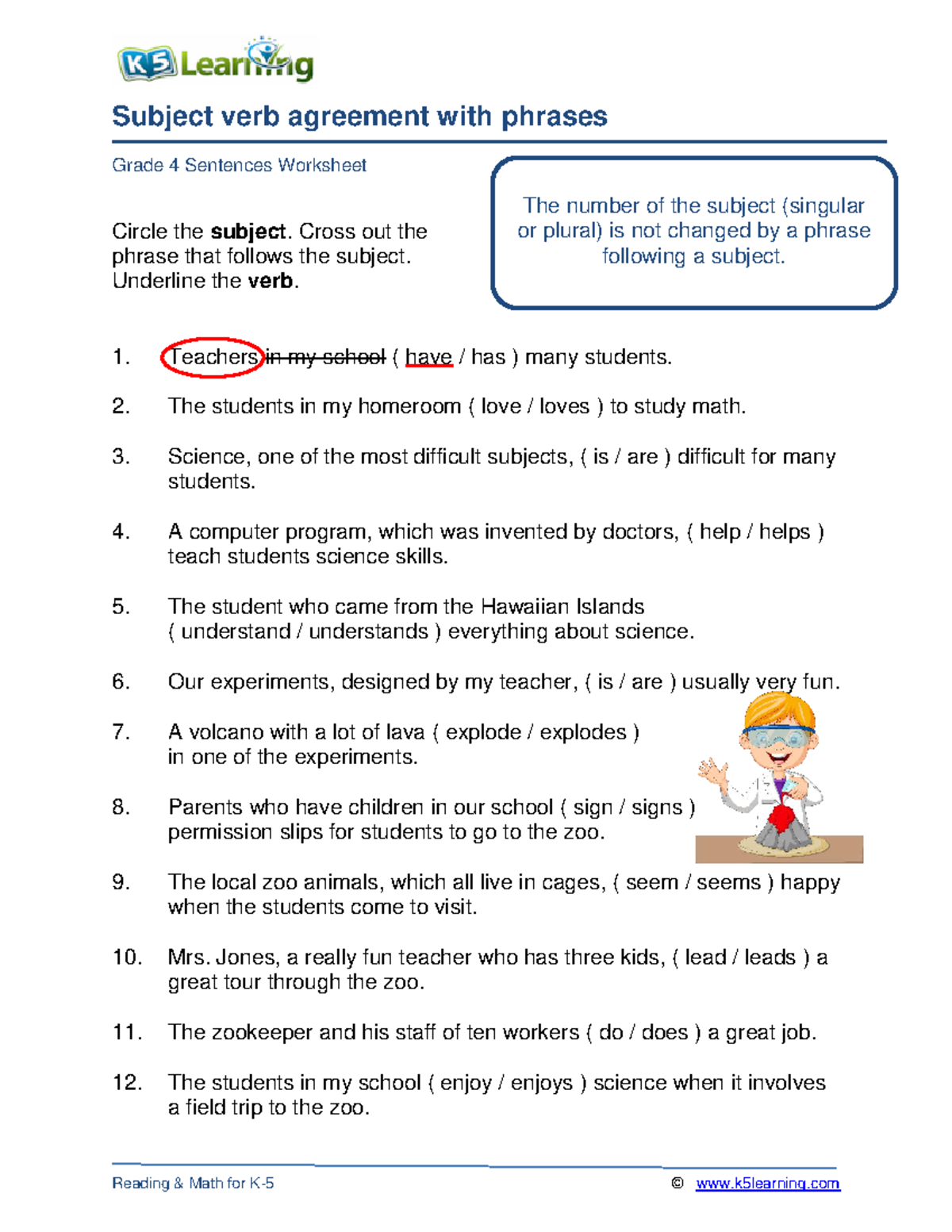 Grade 4 subject verb agreement phrases a - Subject verb agreement with ...