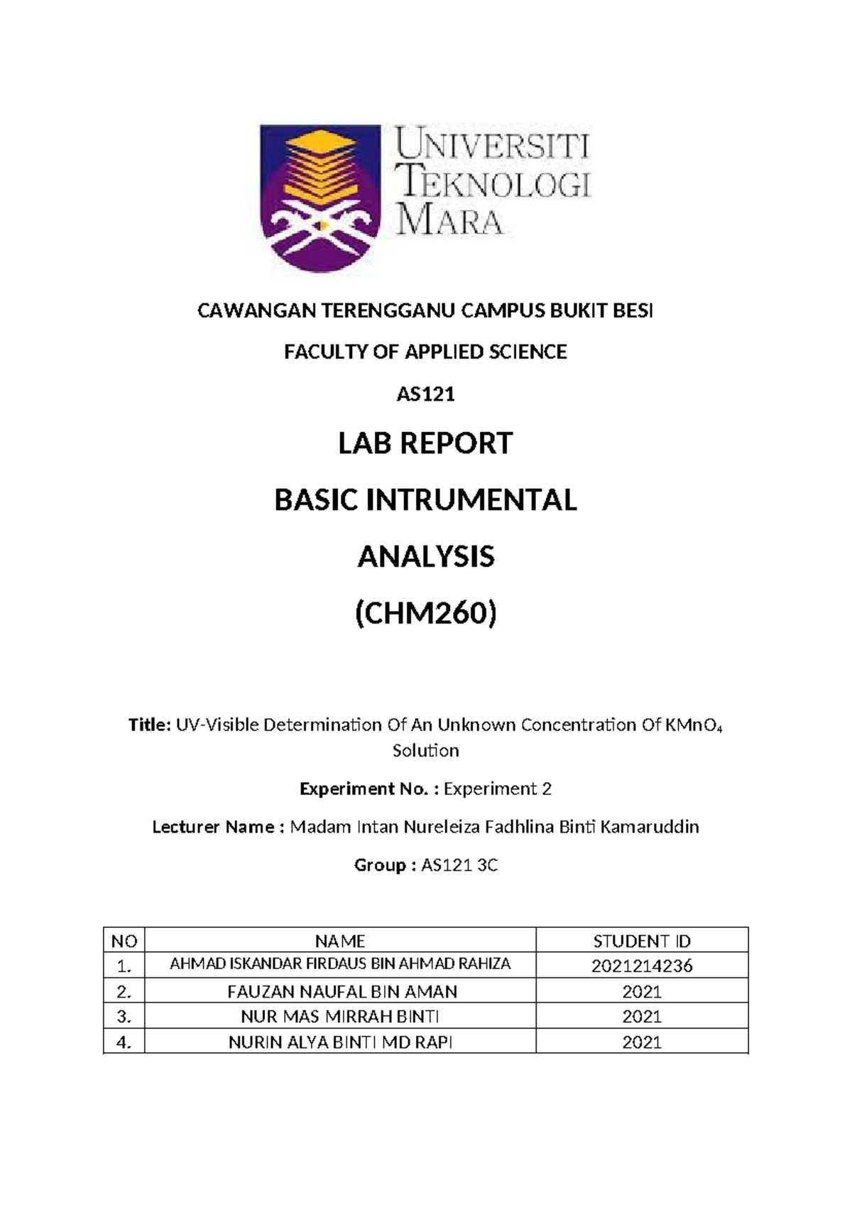Experiment 2 LAB Report PHY400 - CAWANGAN TERENGGANU CAMPUS BUKIT BESI ...