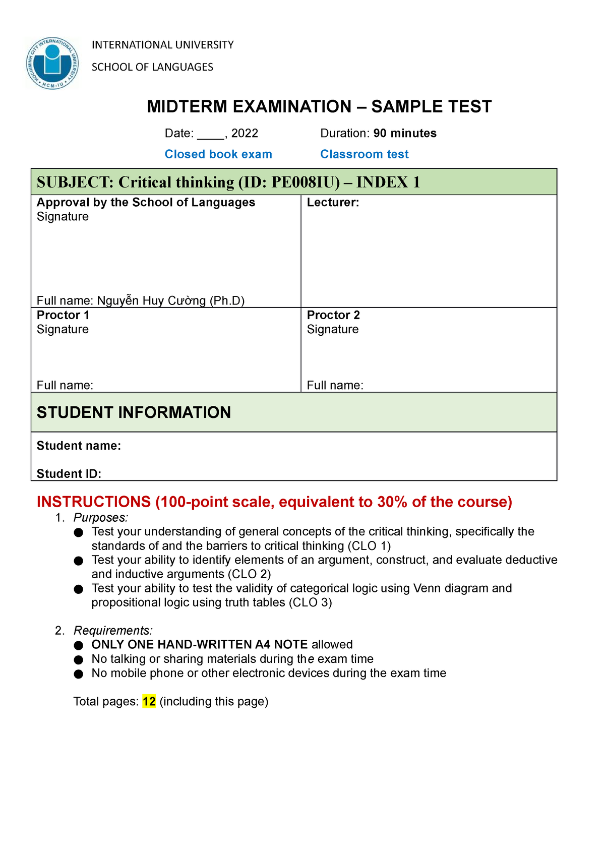 critical thinking sample test