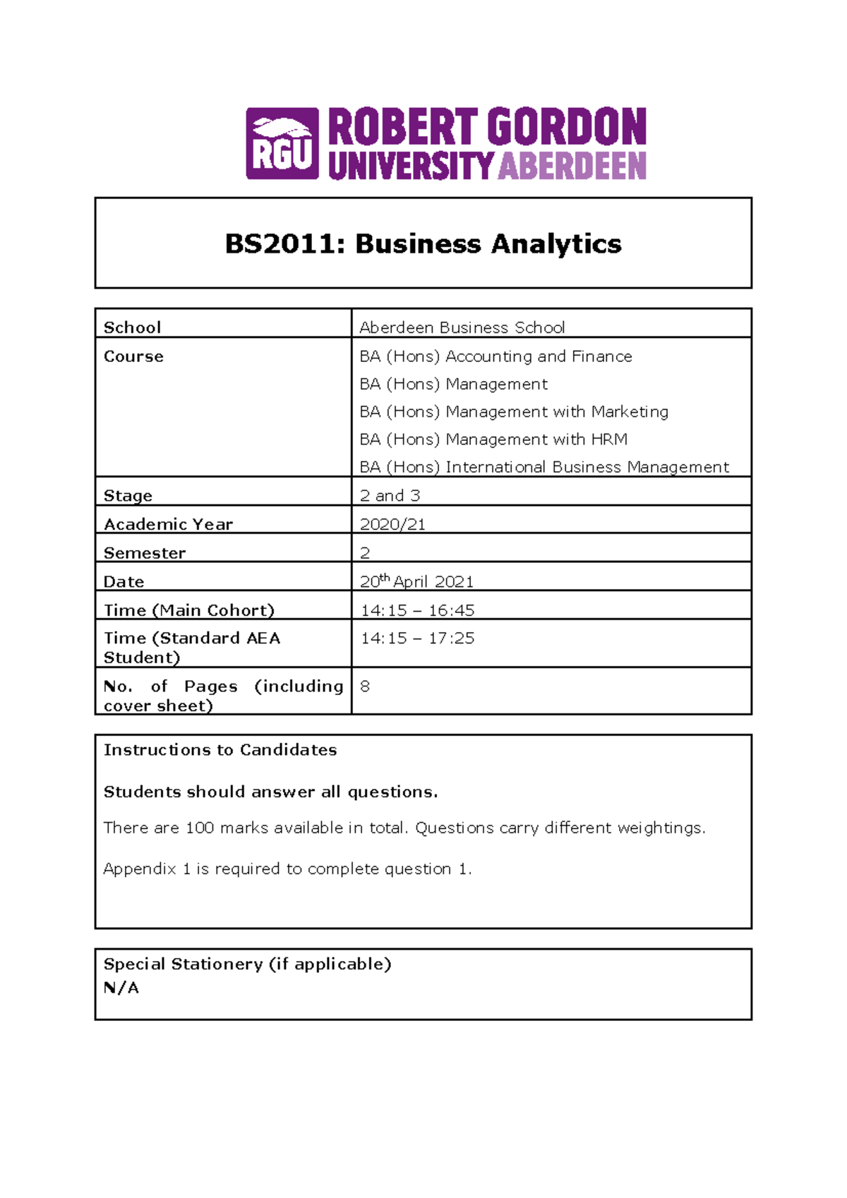 Bs2011 Business Analytics Final Exam Study Guide Bs 2011 Business Bs2011 Business Analytics Final Exam Study Guide Bs 2011 Business