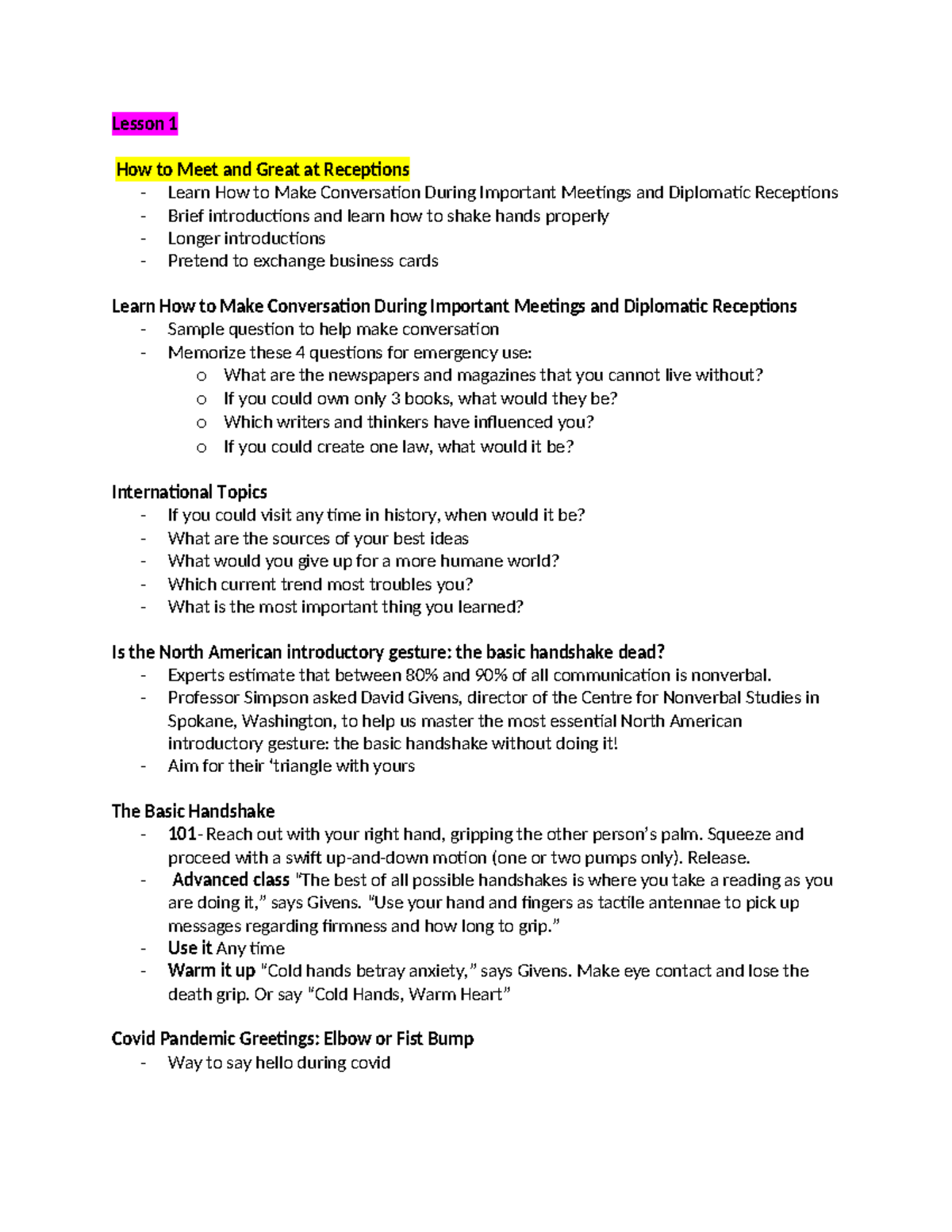 Lecture notes - Lesson 1 How to Meet and Great at Receptions - Learn ...