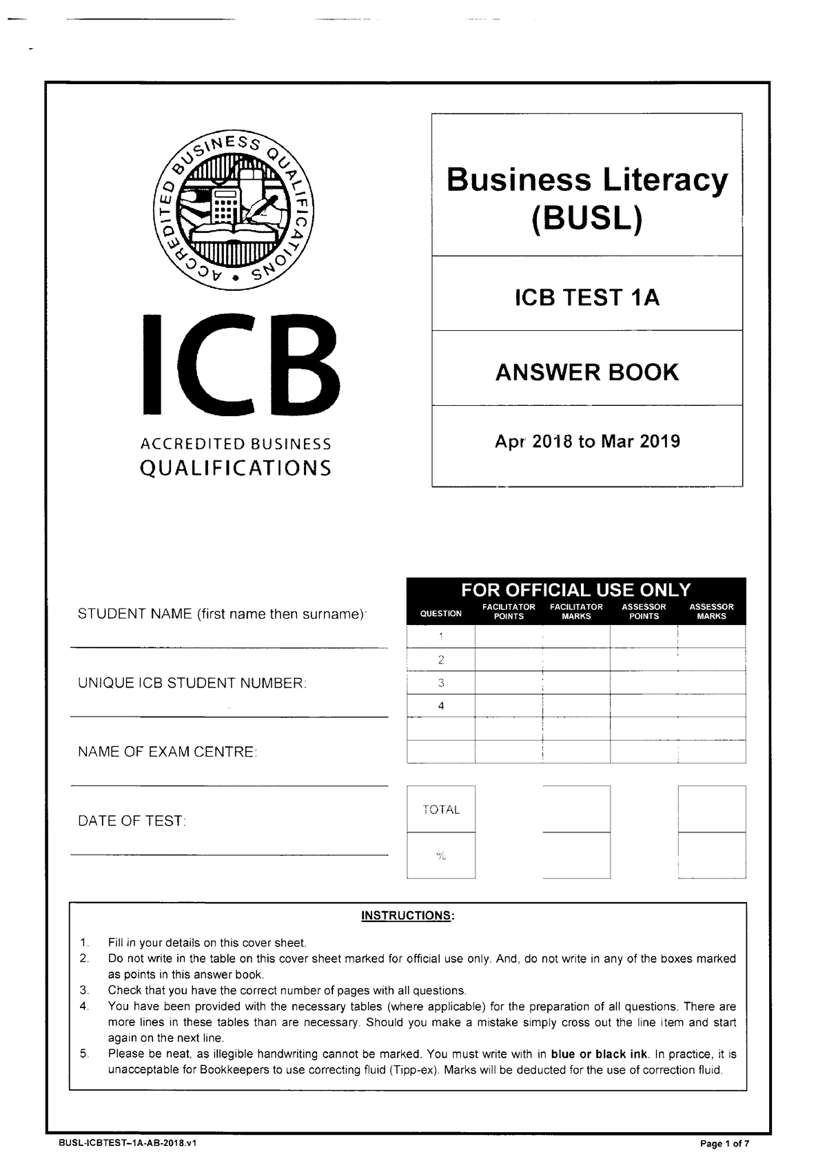 Paper 1CA ICB Test - Study Materials - Busi Ness Literacy (BUSL) ICB ...