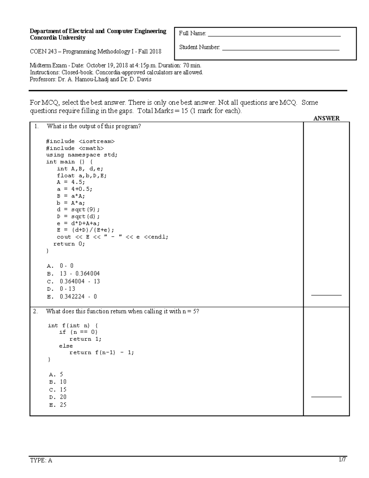 Midterm Exam F2018-Type A - Department Of Electrical And Computer ...