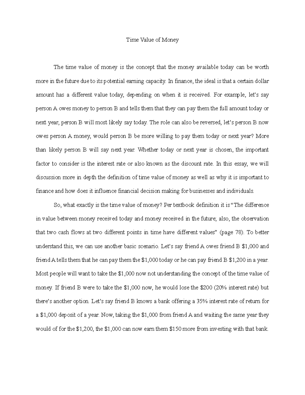 value of money essay