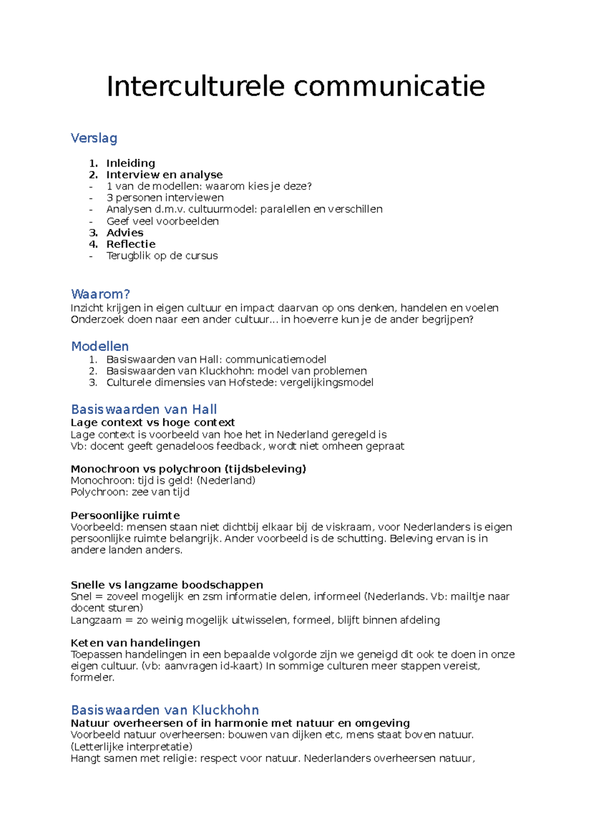 Interculturele communicatie - Interculturele communicatie Verslag 1. 2 ...