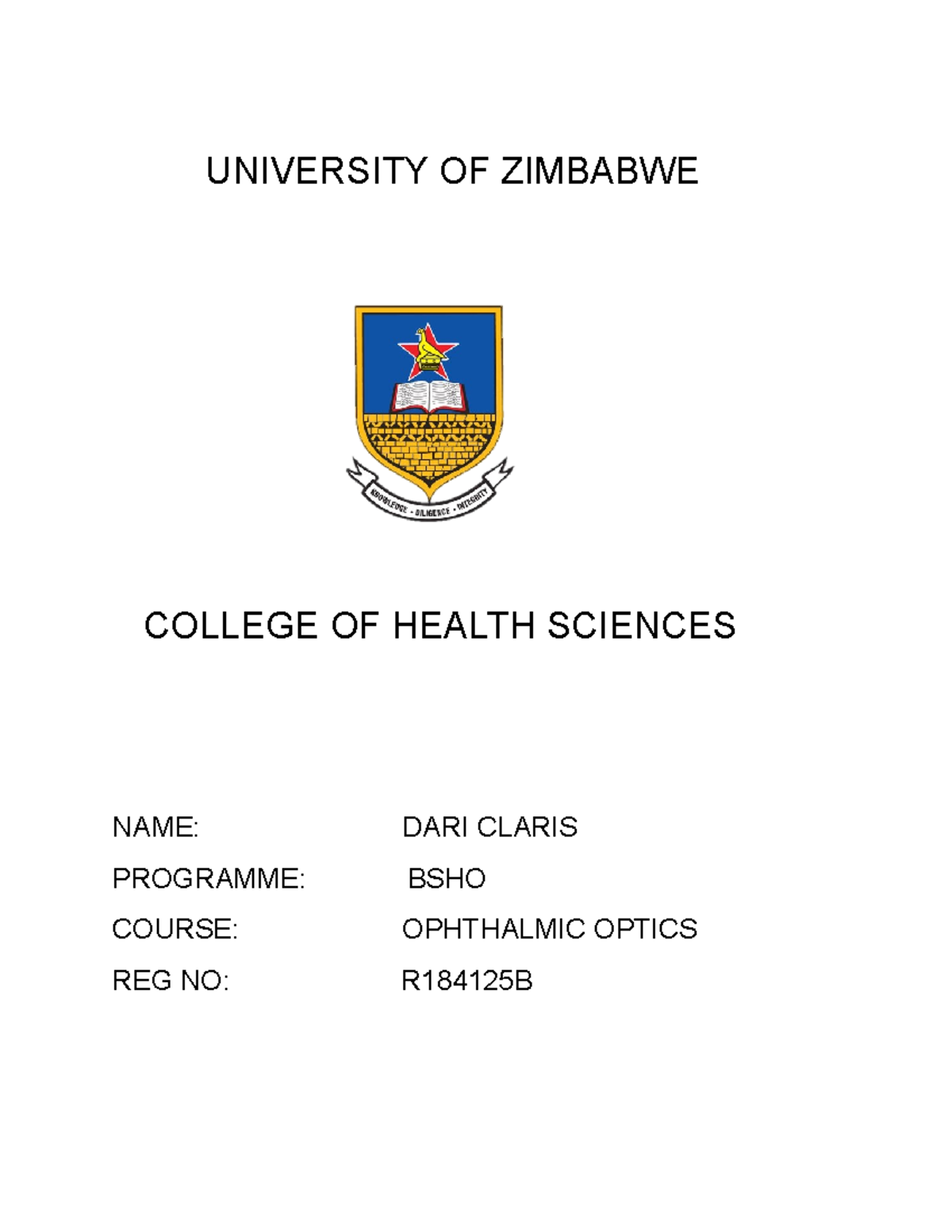 Opticss Ophthalmic optics UNIVERSITY OF ZIMBABWE COLLEGE OF HEALTH