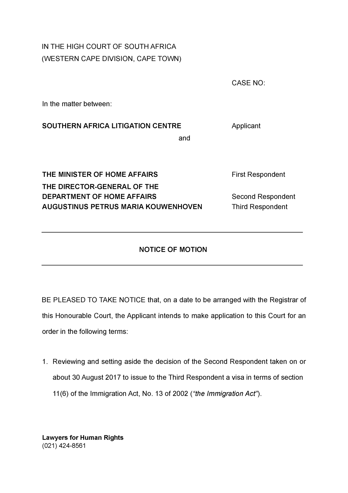 Notice Of Motion IN THE HIGH COURT OF SOUTH AFRICA WESTERN CAPE   Thumb 1200 1698 