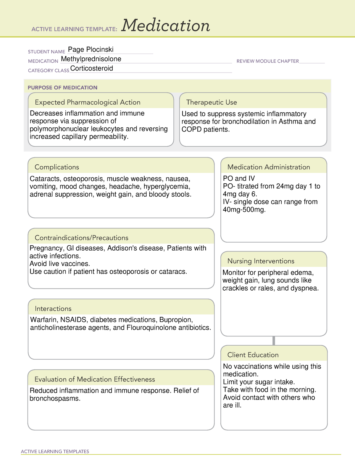 Methylprednisolone ATI sheet ACTIVE LEARNING TEMPLATES Medication