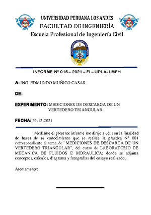 Practica No 4 Vertederos - UNIVERSIDAD DE LA COSTA FACULTAD DE ...