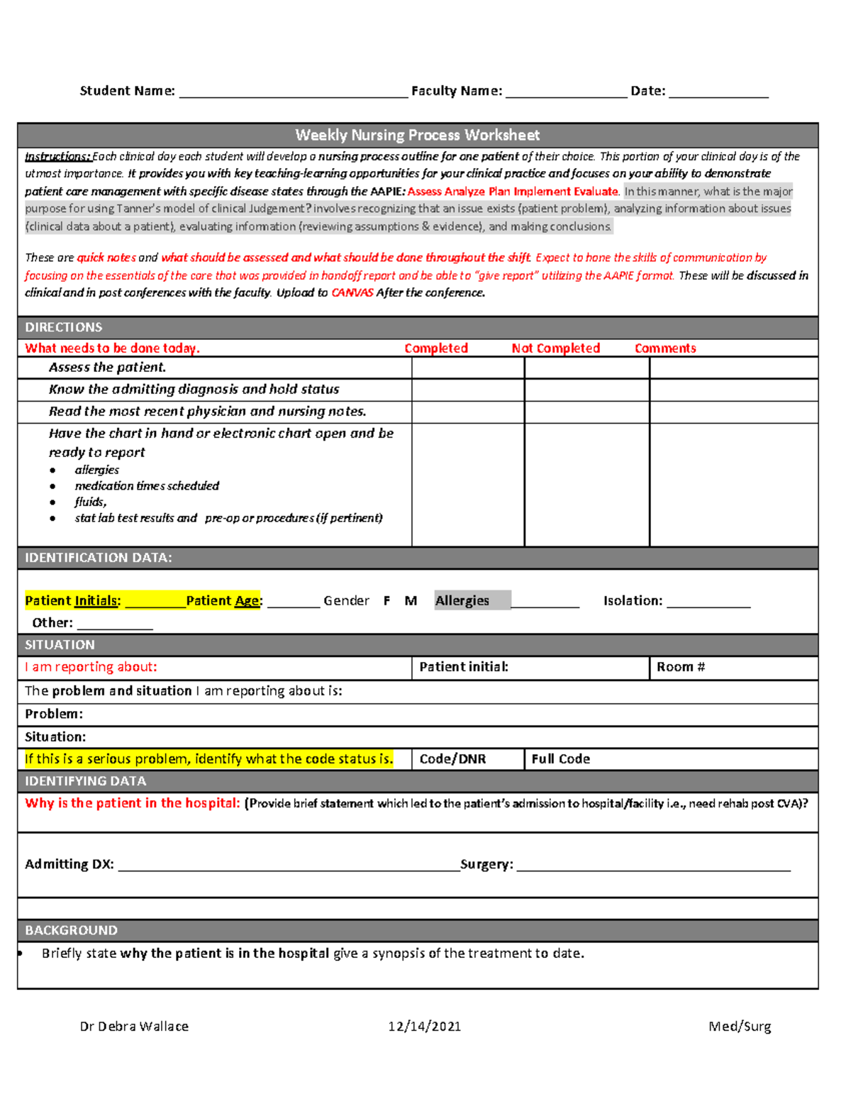 weekly nursing process worksheet