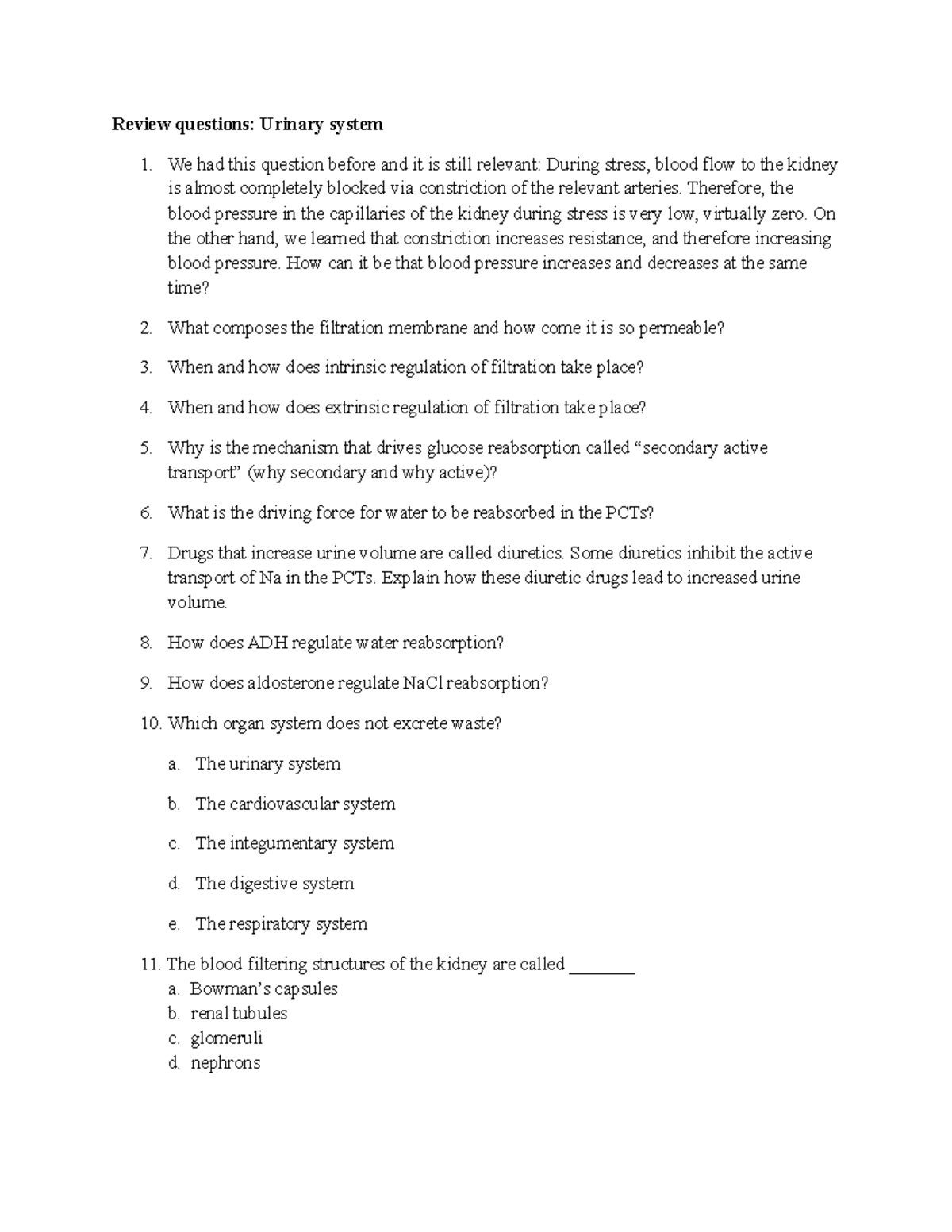 critical thinking questions urinary system