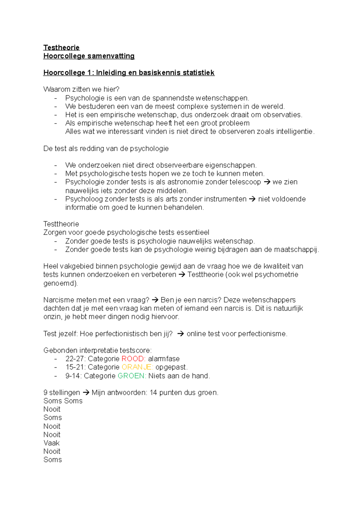 Testheorie Hoorcollege 1 - Testheorie Hoorcollege Samenvatting ...