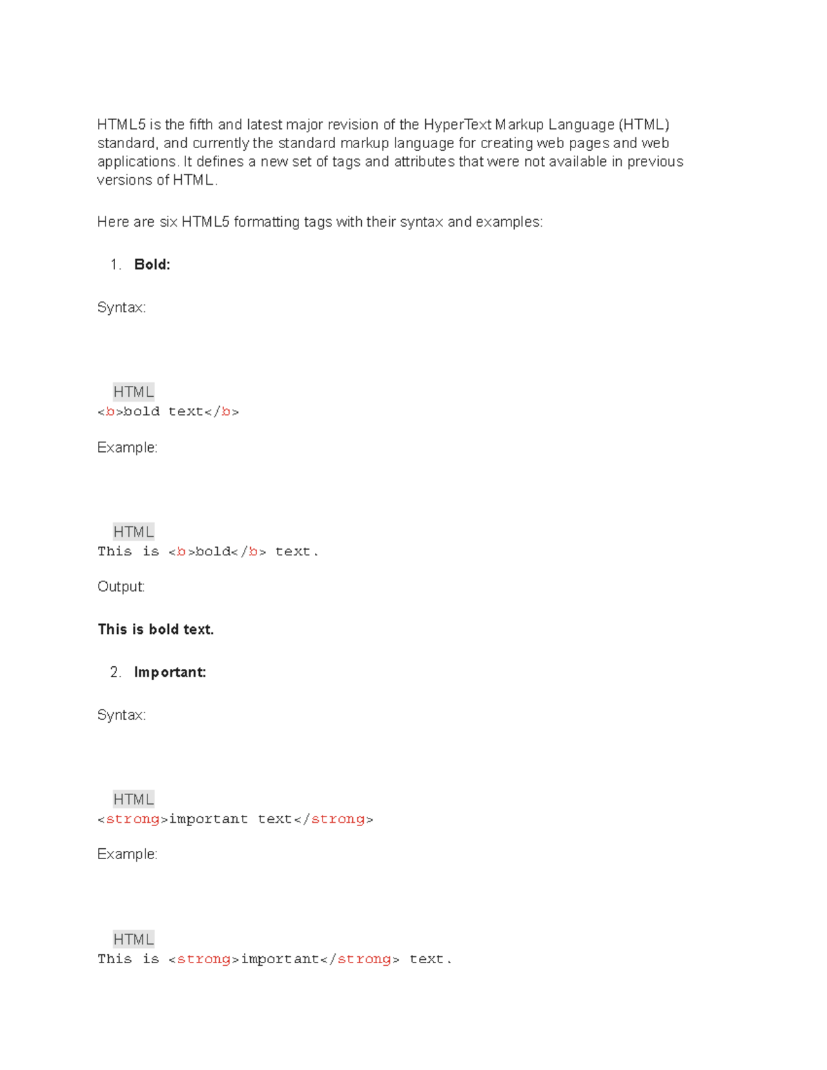 Define HTML5. Explain 6 Formatting Tags With Syntax And Example - HTML5 ...