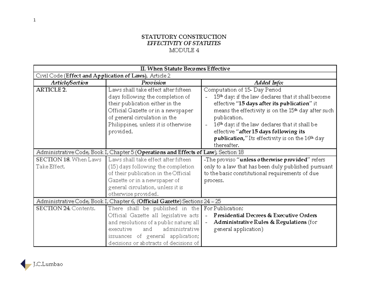 Statutory Construction (Module 4) STATUTORY CONSTRUCTION EFFECTIVITY