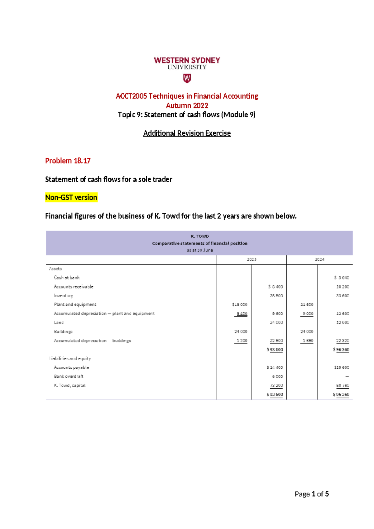 Topic 9 Additional Revision Exercise - ACCT2005 Techniques in Financial ...