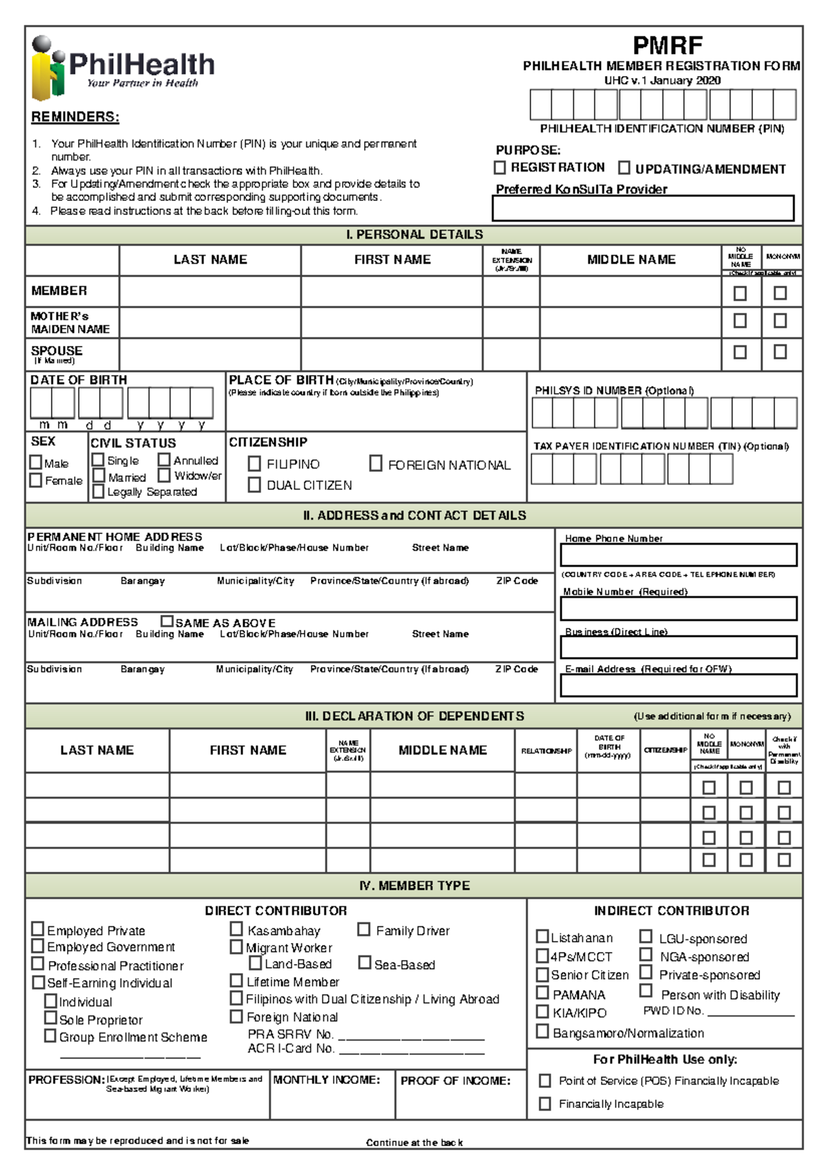 Philhealth Pmrf 012020 - Pmrf Philhealth Identification Number (pin 