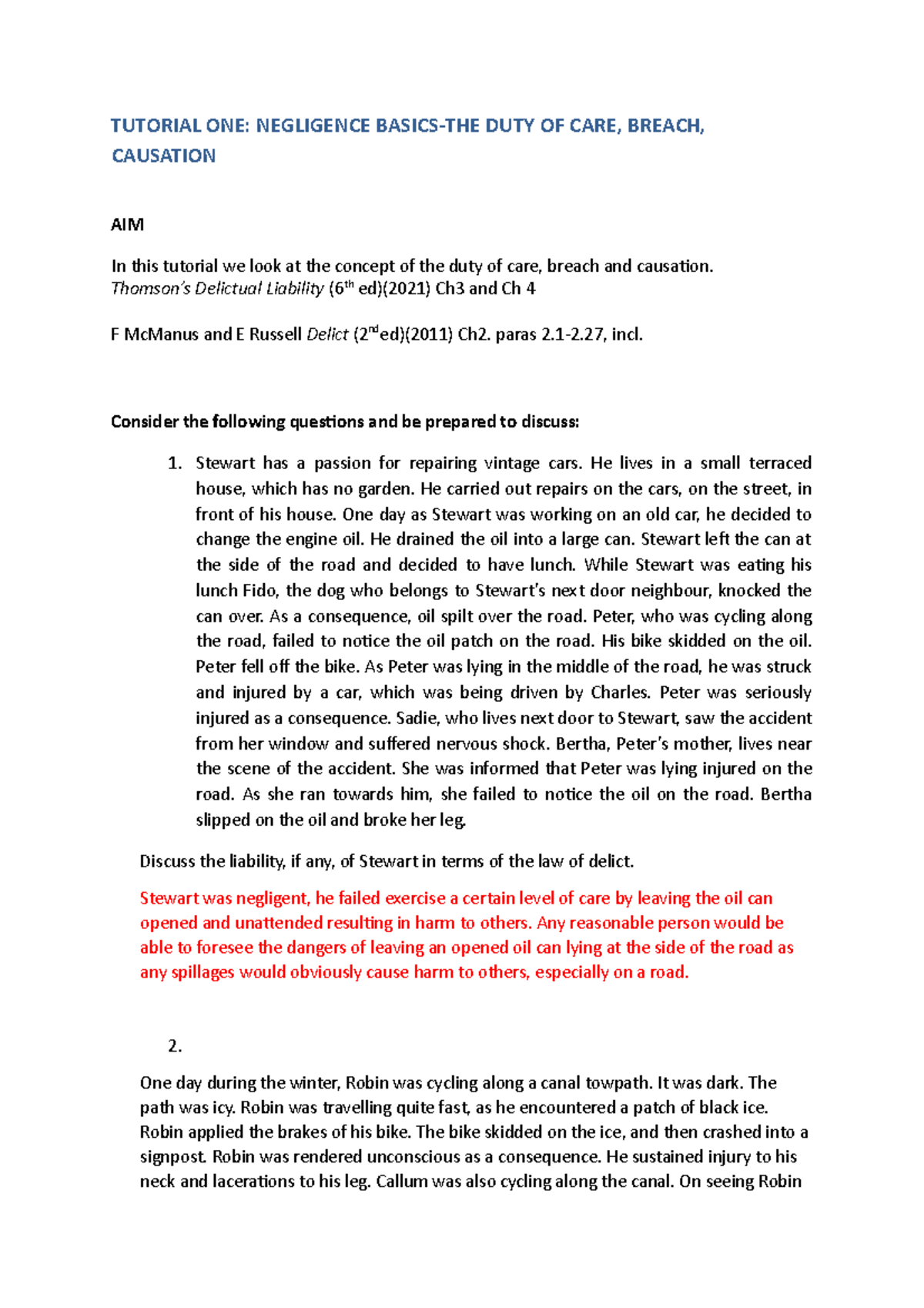 Tutorial ONE - TUTORIAL ONE: NEGLIGENCE BASICS-THE DUTY OF CARE, BREACH ...
