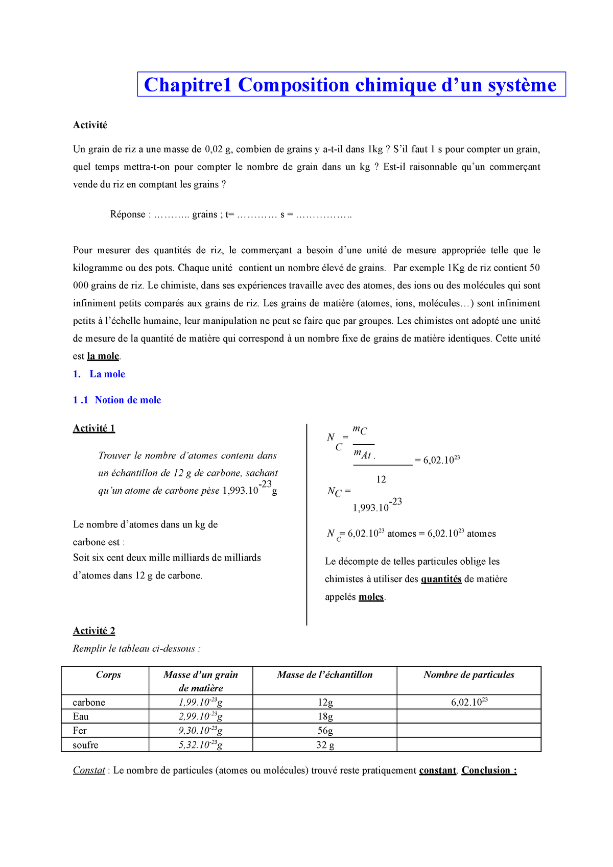 Chapitre Composition Chimique D Un Syst Me El Ve Physique Chimie Studocu