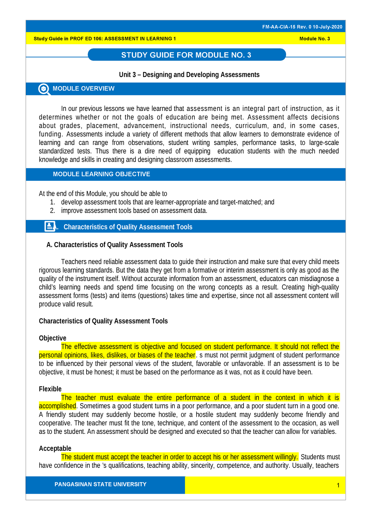 Sg3 Prof Ed 106 Assessment In Learning 1 1 - Study Guide For Module No 