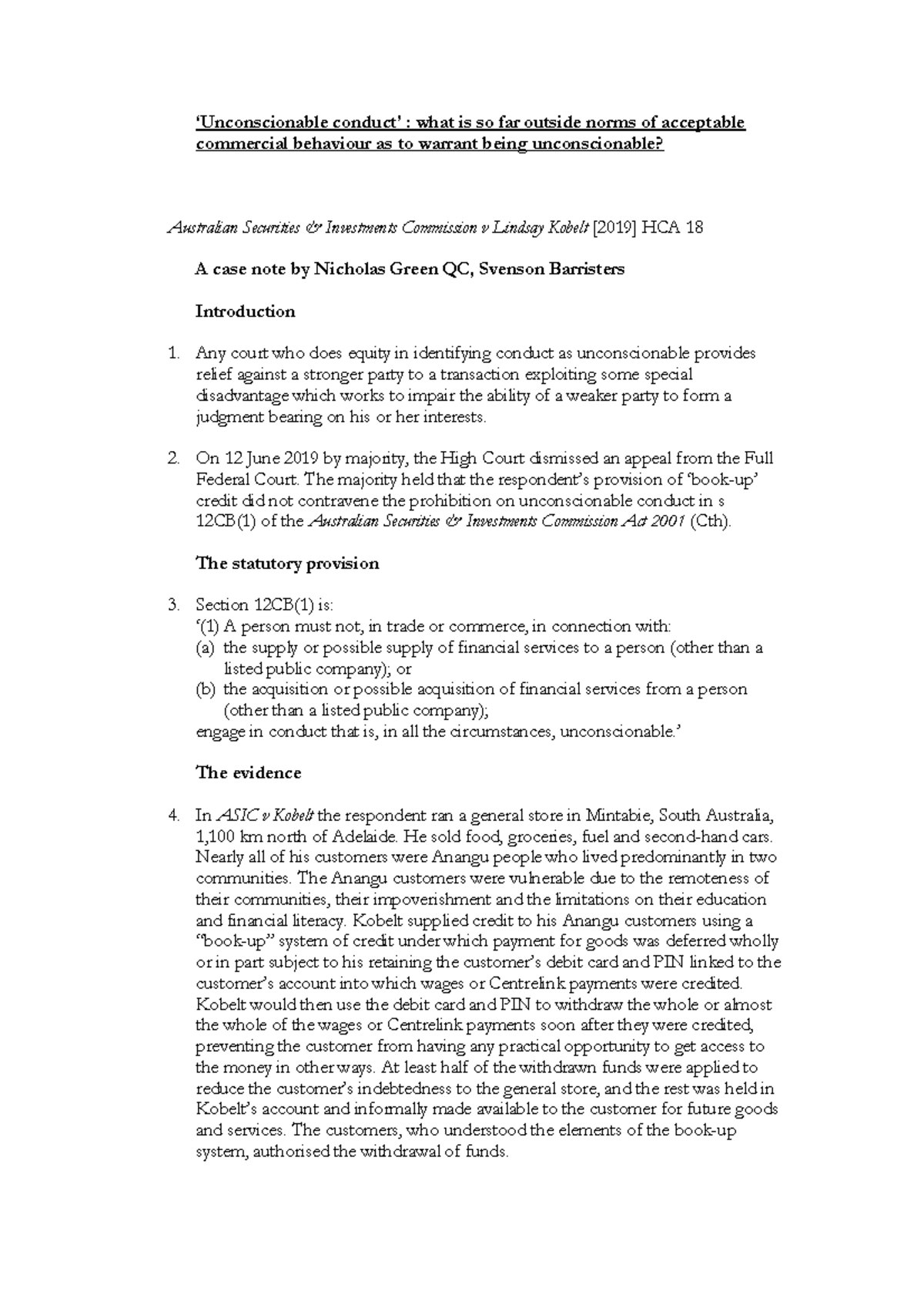 ASIC v Kobelt casenote by Nicholas Green QC ‘Unconscionable conduct