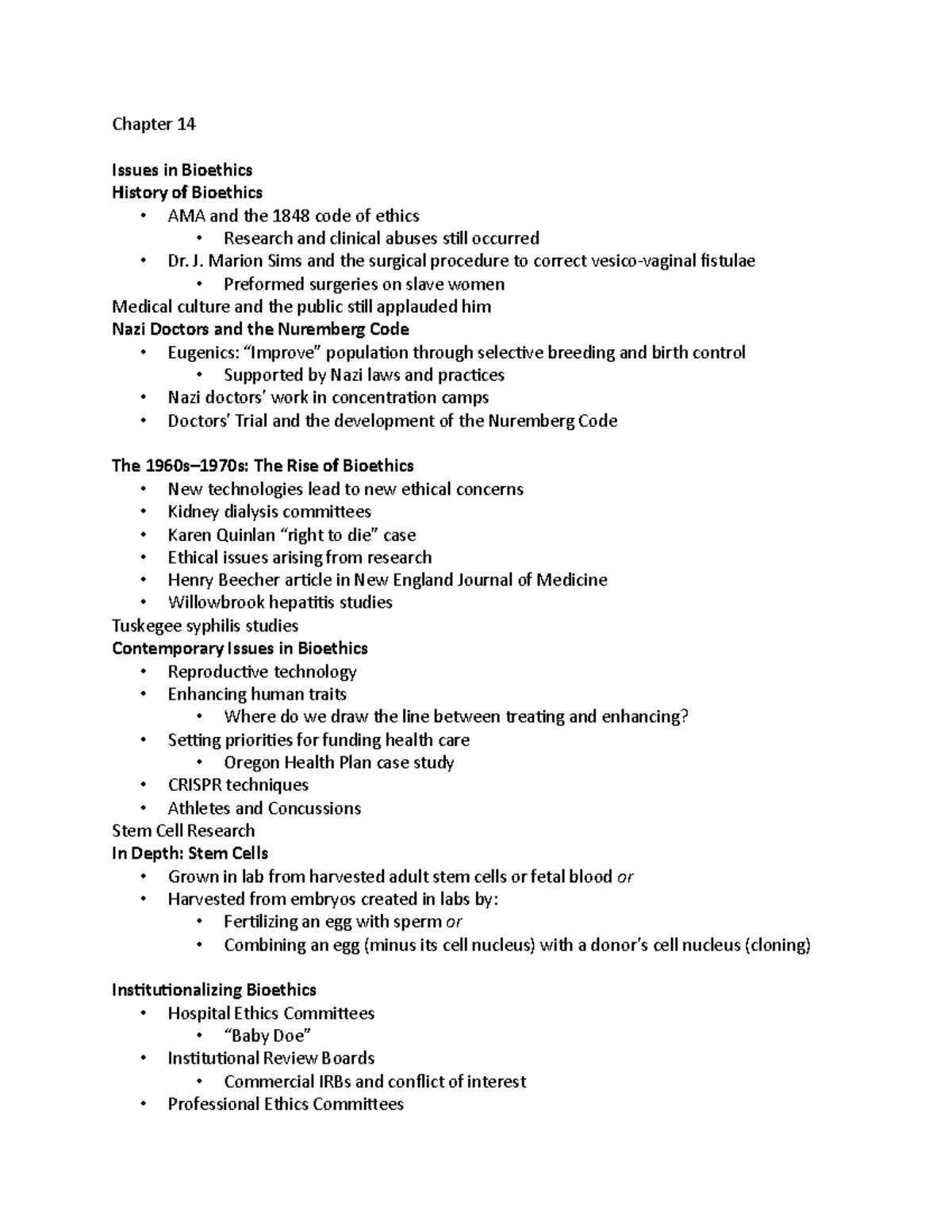 Chapter 14 - notes - Chapter 14 Issues in Bioethics History of ...