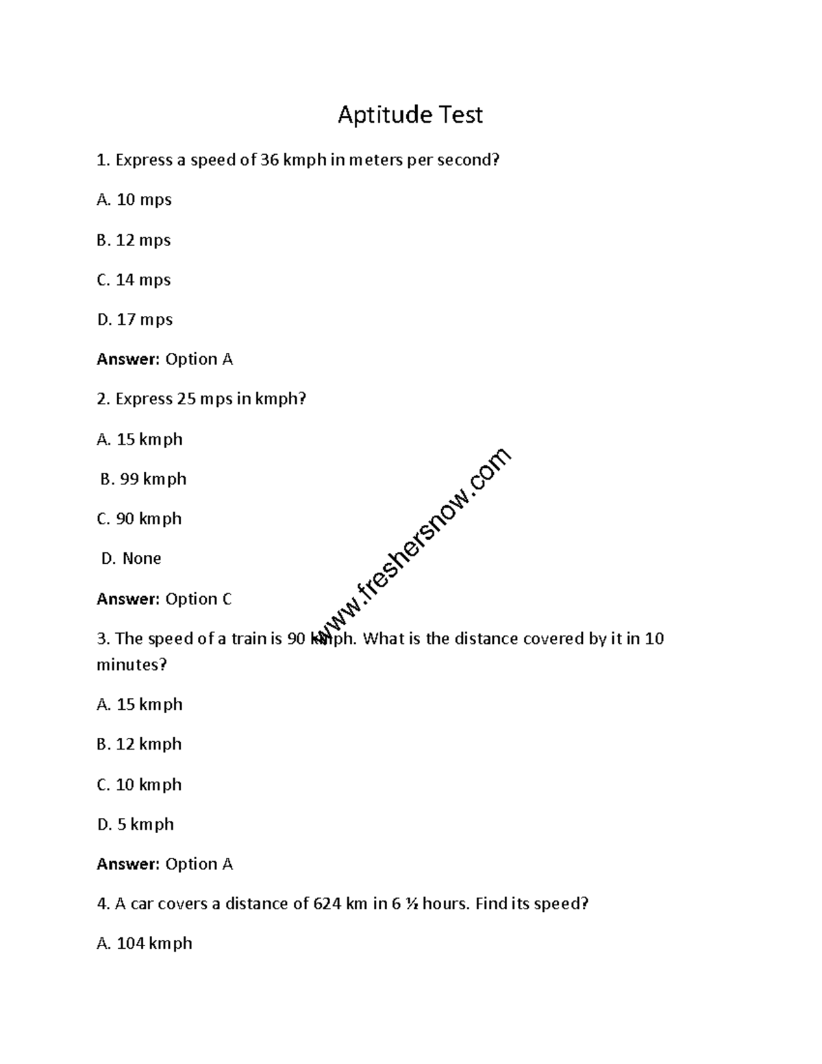 Accenture Aptitude Paper - Aptitude Test Express a speed of 36 kmph in ...