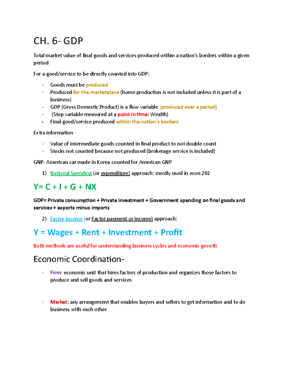 ECON Notes Midterm - CH. 6- GDP Total market value of final goods and ...