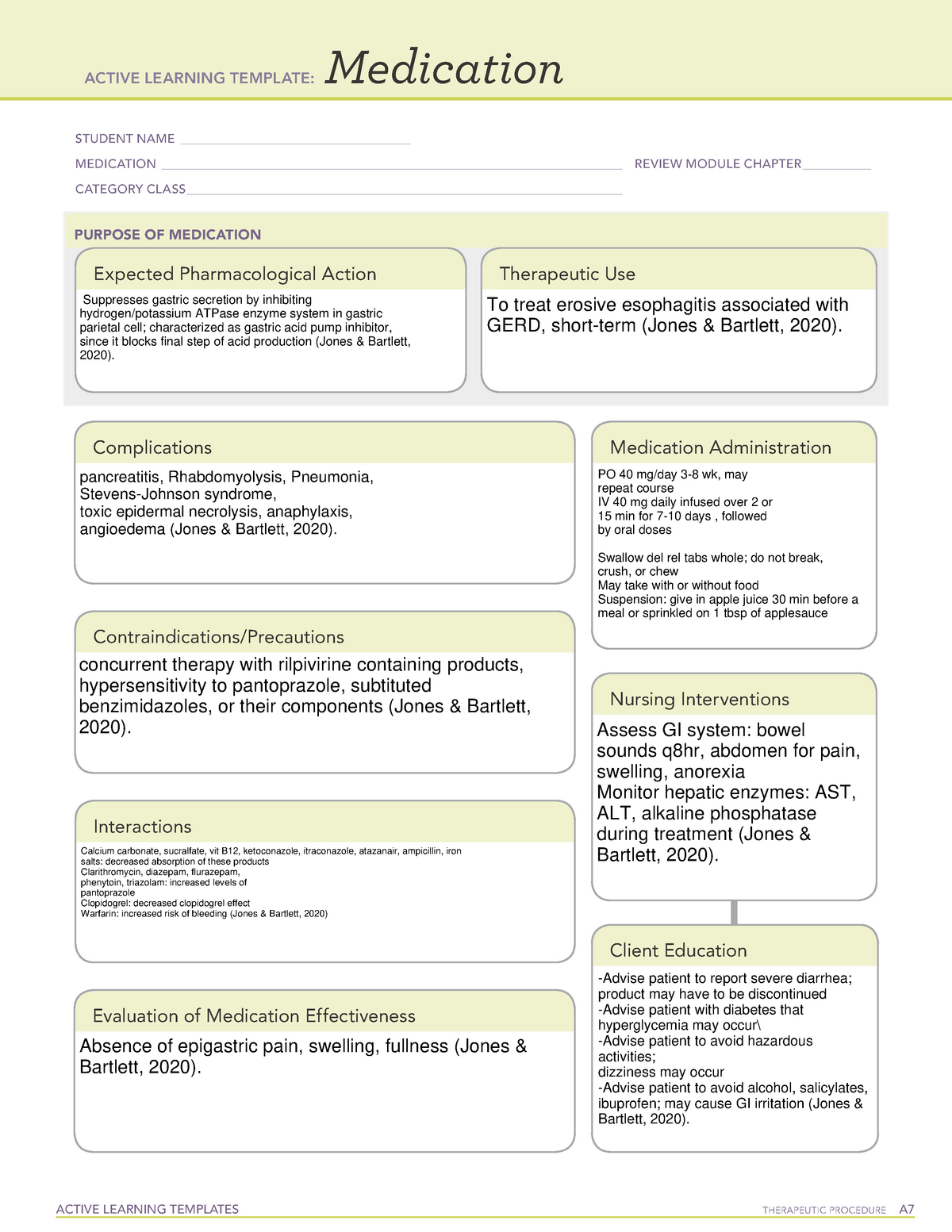 Pantoprazole template for lab ACTIVE LEARNING TEMPLATES THERAPEUTIC