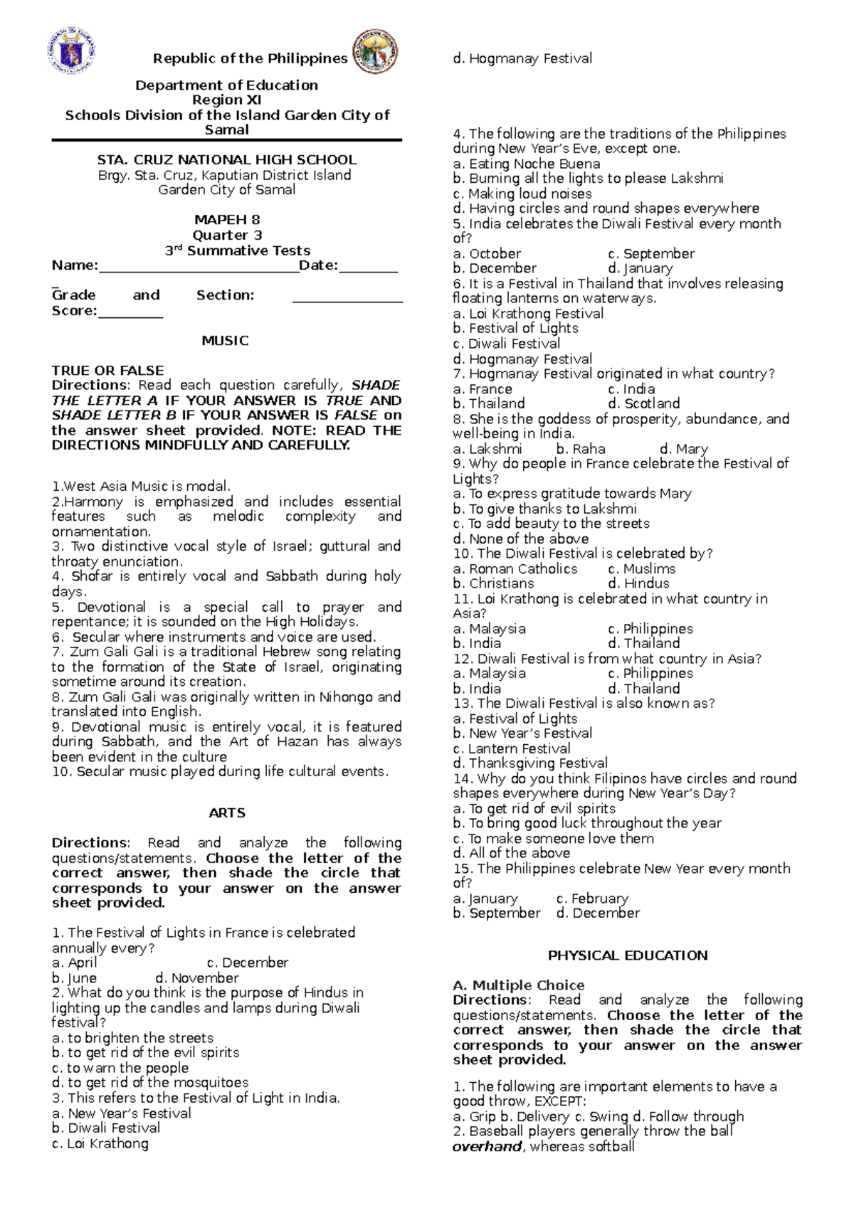 mapeh-8-3rd-quarter-3rd-summative-test-republic-of-the-philippines