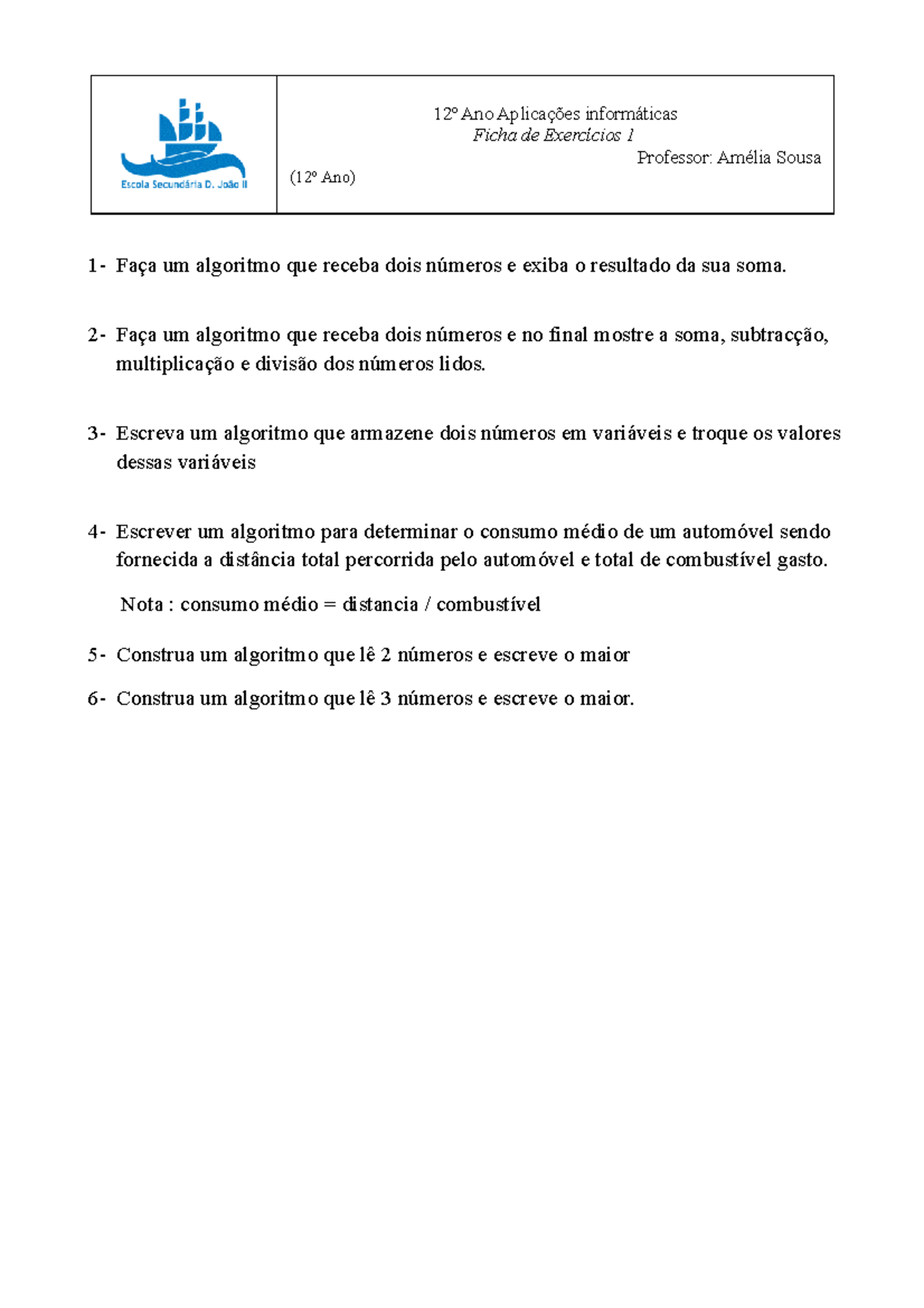 Ficha De Trabalho 1 - Aplicações Informáticas - 12º Ano Aplicações ...