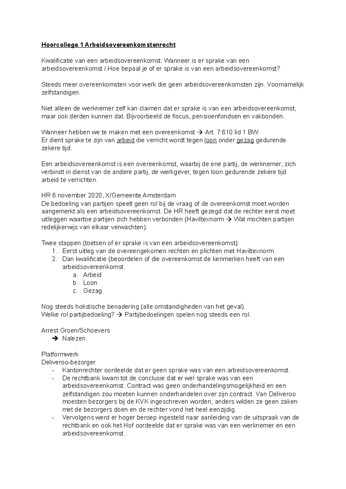 Hoorcollege 1 Arbeidsovereenkomstenrecht - Hoorcollege 1 ...