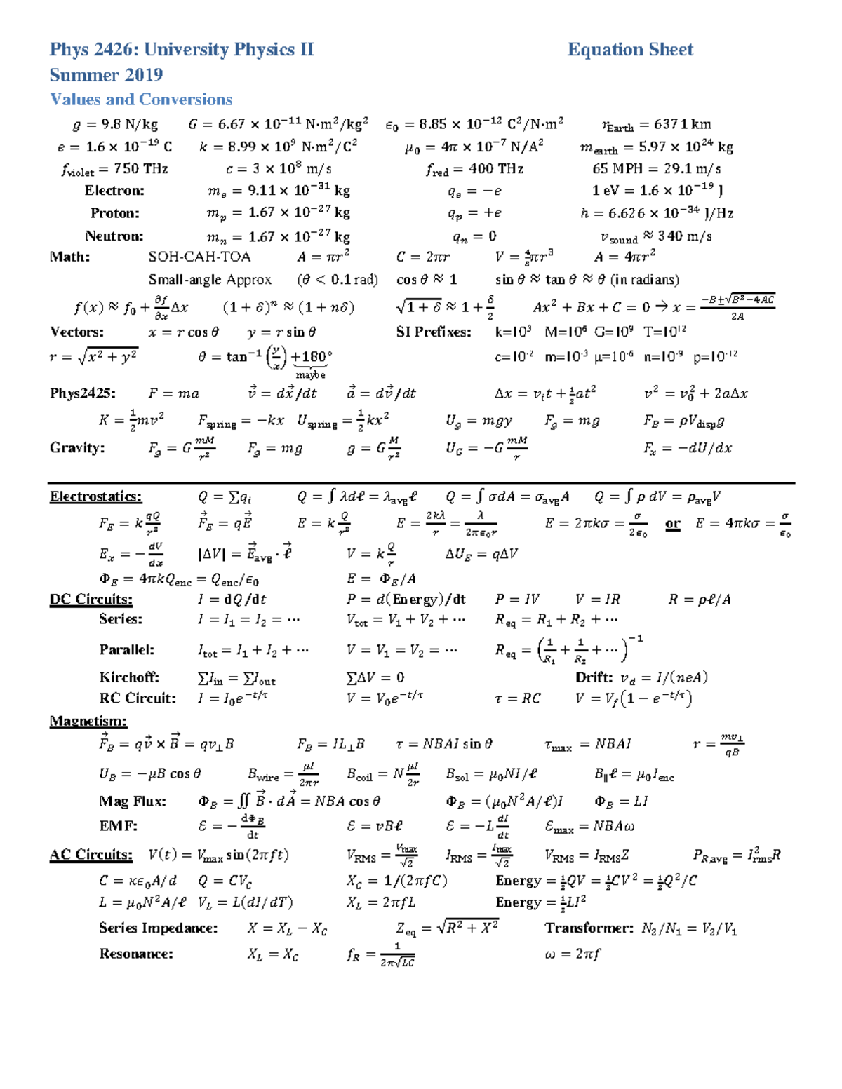 Phys2426-sum19-equations - Phys 2426: University Physics Ii Equation 