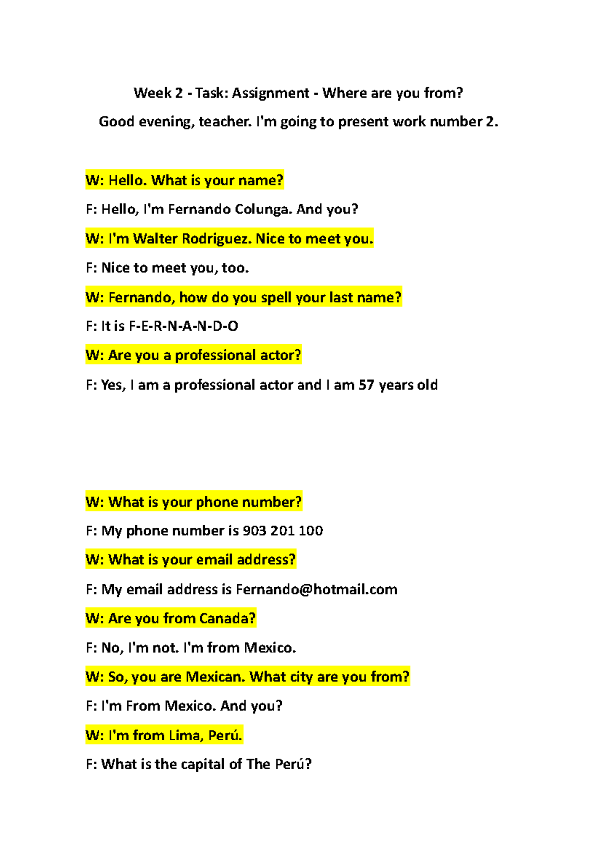 Week 2 - Task Assignment - Where are you from - I'm going to present ...