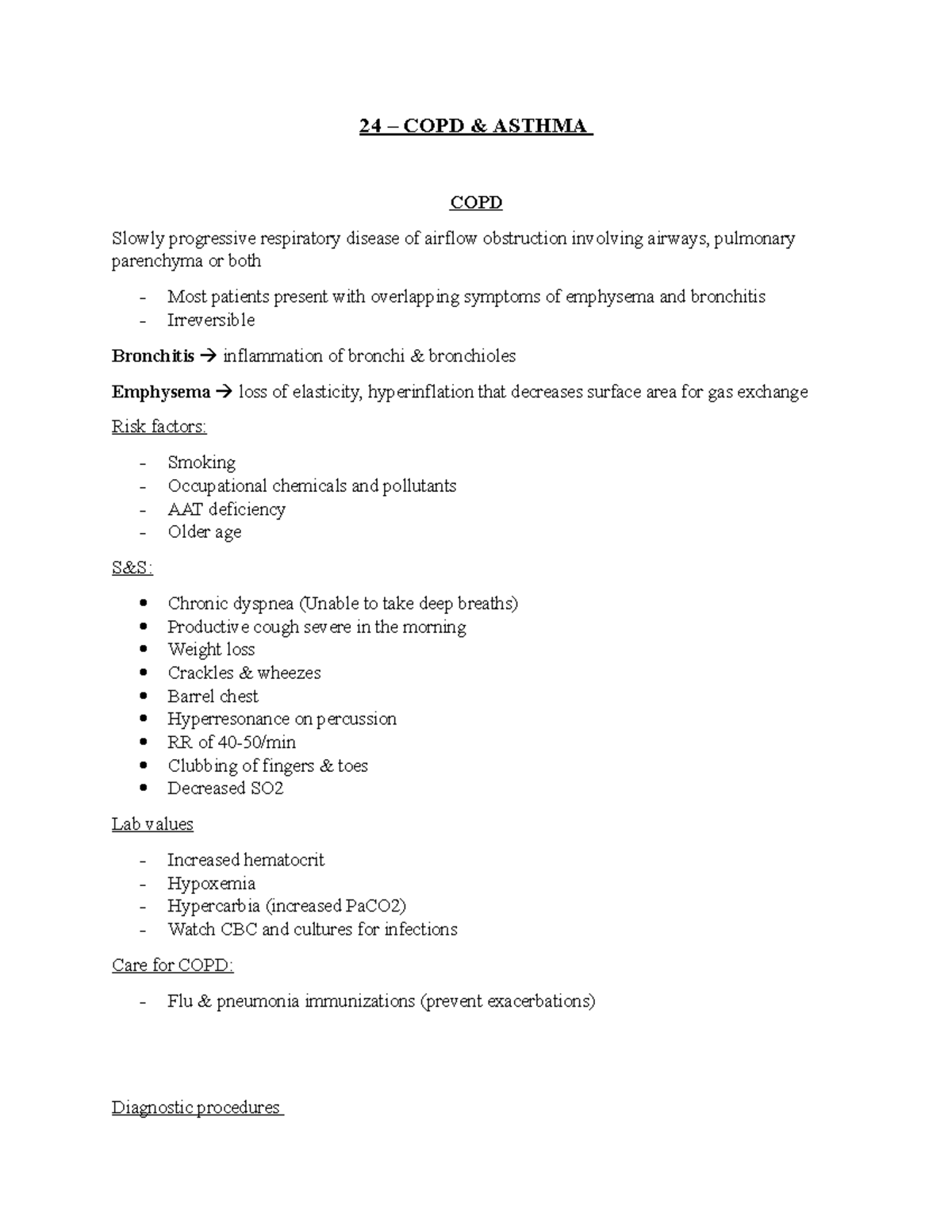COPD & asthma - notes - 24 – COPD & ASTHMA COPD Slowly progressive ...