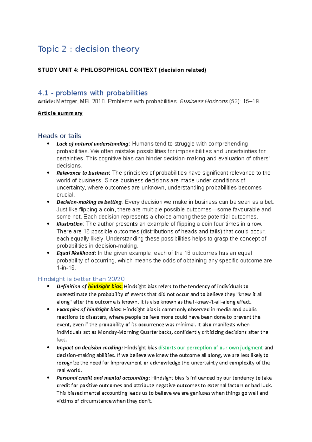 Topic 2 summary and answers - Topic 2 : decision theory STUDY UNIT 4 ...