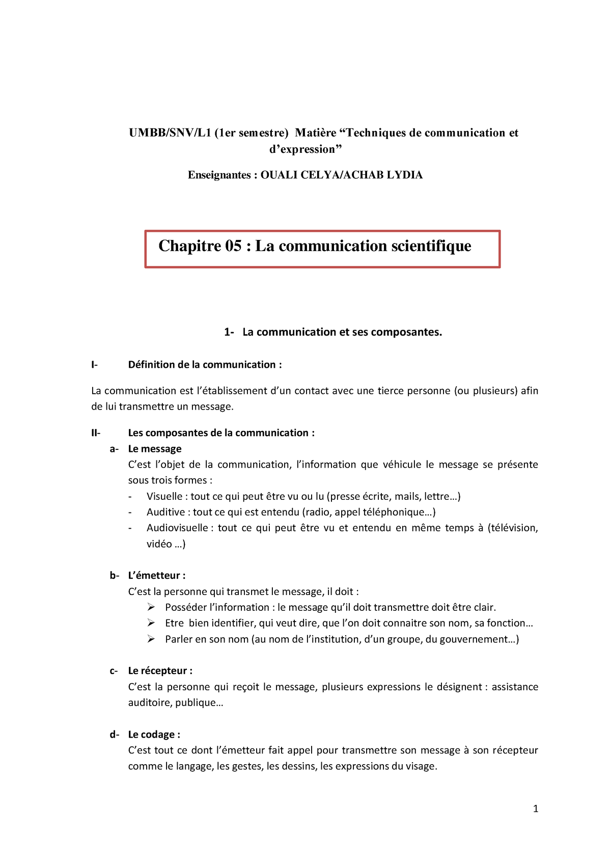 Chapitre 5 Techniques De Communication Et De Lexpression - UMBB/SNV/L1 ...