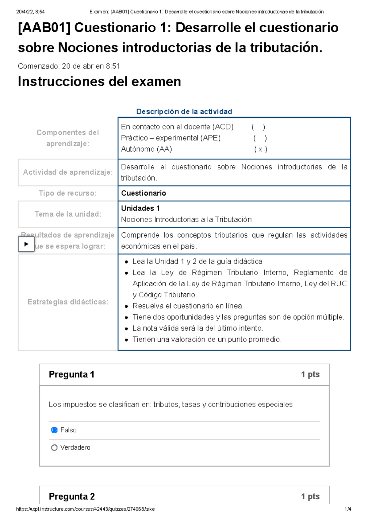 10 De 10 Cuestionario 1 Sobre Nociones Introductorias De La Tributación ...