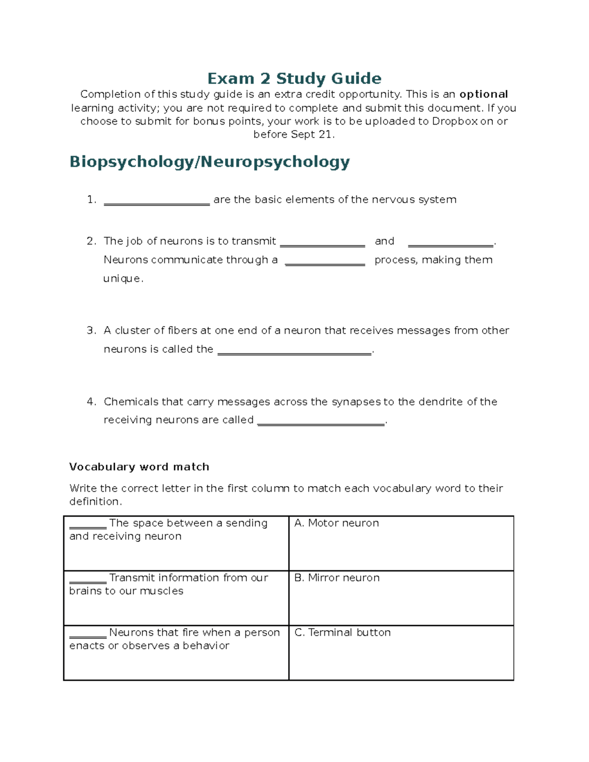 Study Guide 2 (1) - Exam 2 Study Guide Completion of this study guide ...