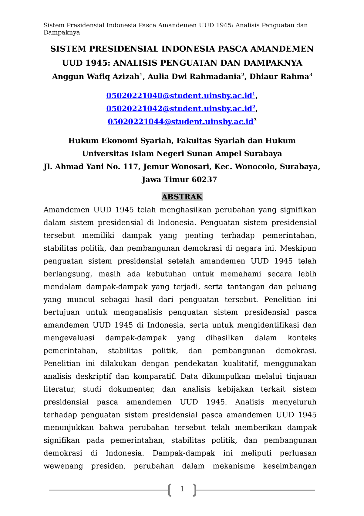 Sistem Presidensial Indonesia Pasca Amandemen UUD 1945; Analisis ...