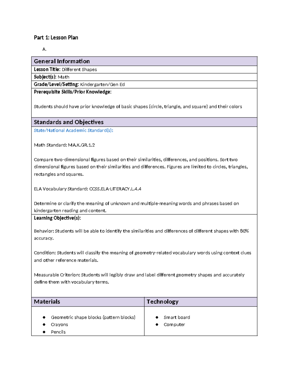 Task 2 PA - passed first try - Part 1: Lesson Plan A. General ...