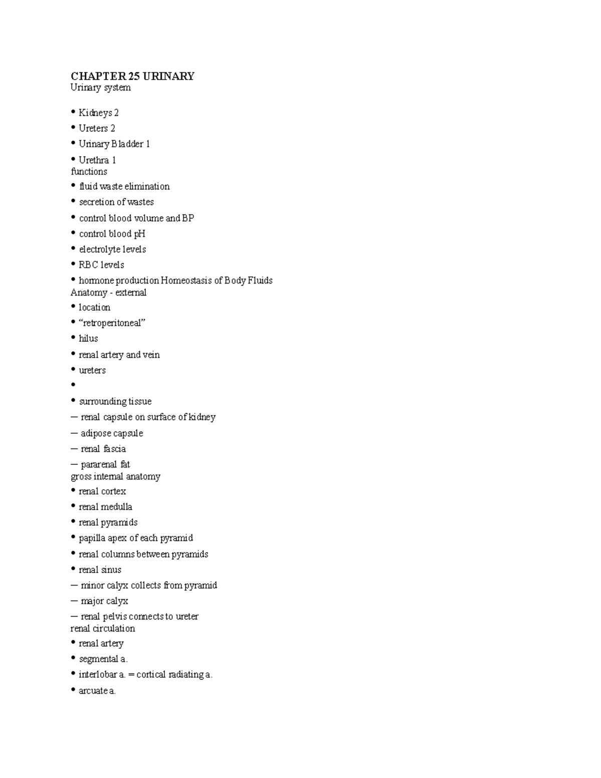 Anat 25 - urinary tract anatomy notes - CHAPTER 25 URINARY Urinary ...