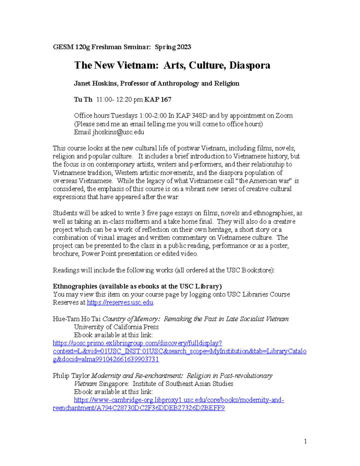 GESM 120 New Vietnam Syllabus 2023 - GESM 120g Freshman Seminar: Spring ...