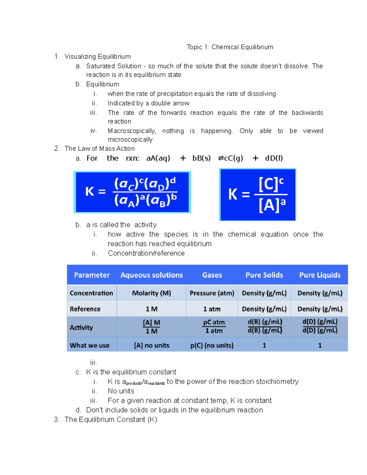 Topic 1 Chemical Equilibrium - Topic 1: Chemical Equilibrium ...
