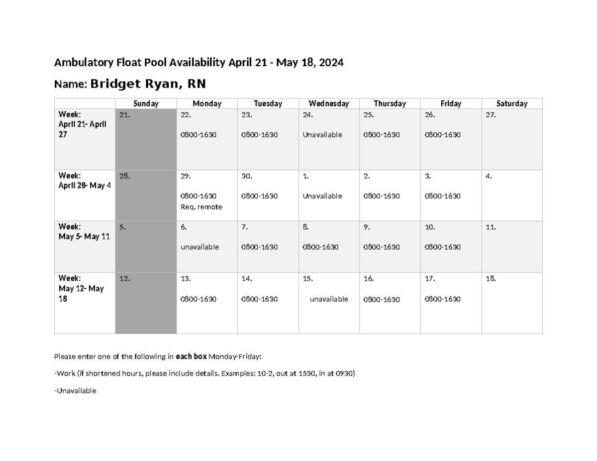 B.Ryan RNAFPAvailability 421 to 518 Ambulatory Float Pool