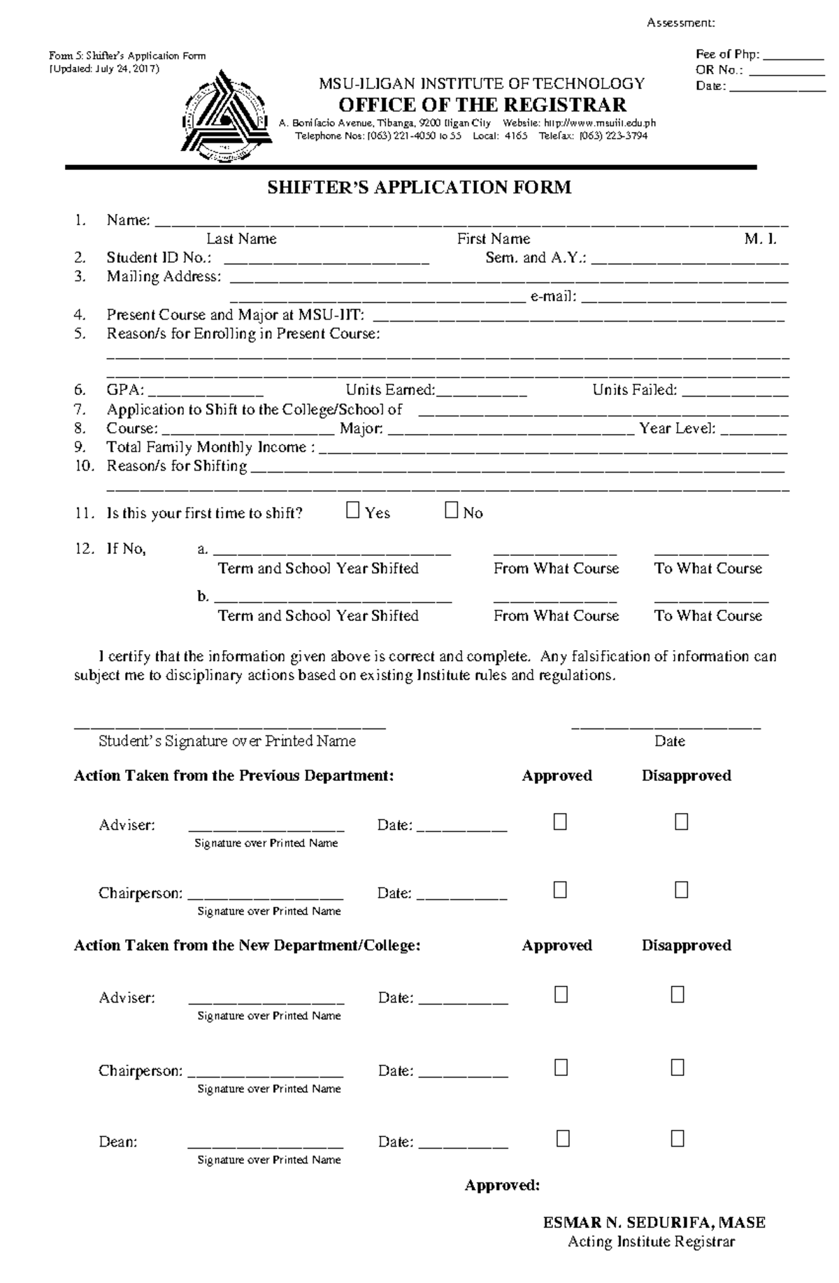 Form 5, Shifters Application Form v2 Form 5 Shifter’s Application